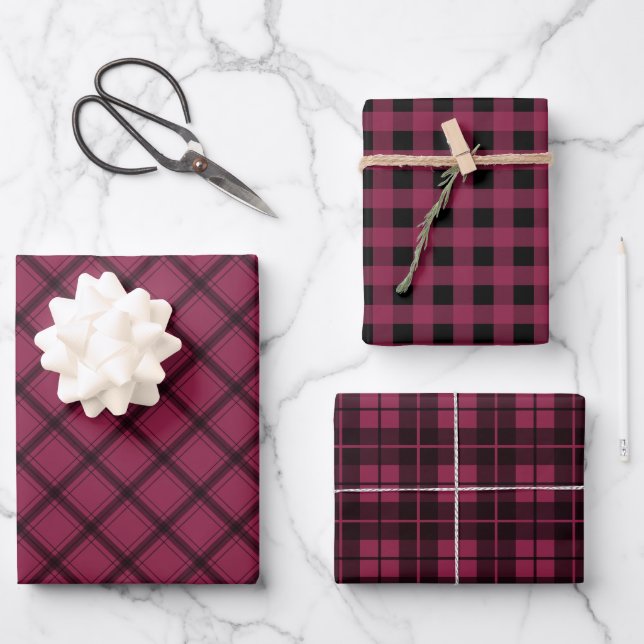 Rustic Plum Black Plaid Buffalo Check Mixed Patter Wrapping Paper Sheet (Front)