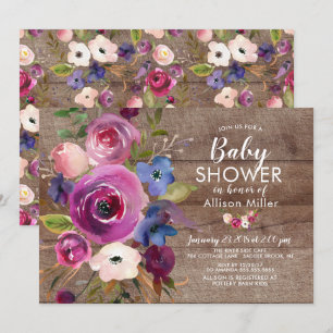 Rustic Plum Blue Floral BABY Shower Invitations