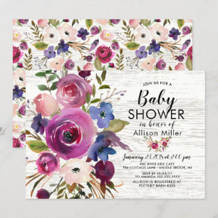 Rustic Plum Blue Floral BABY Shower Invitations