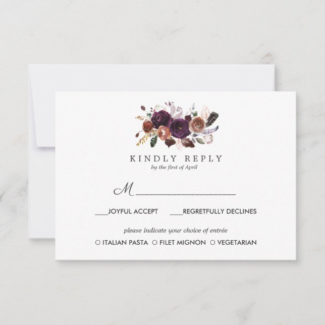 Rustic Plum | Boho wedding RSVP MEAL option Card (Front)
