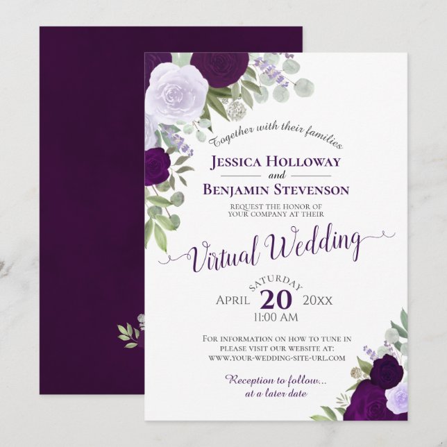 Rustic Plum & Dusty Purple Floral Virtual Wedding Invitation (Front/Back)