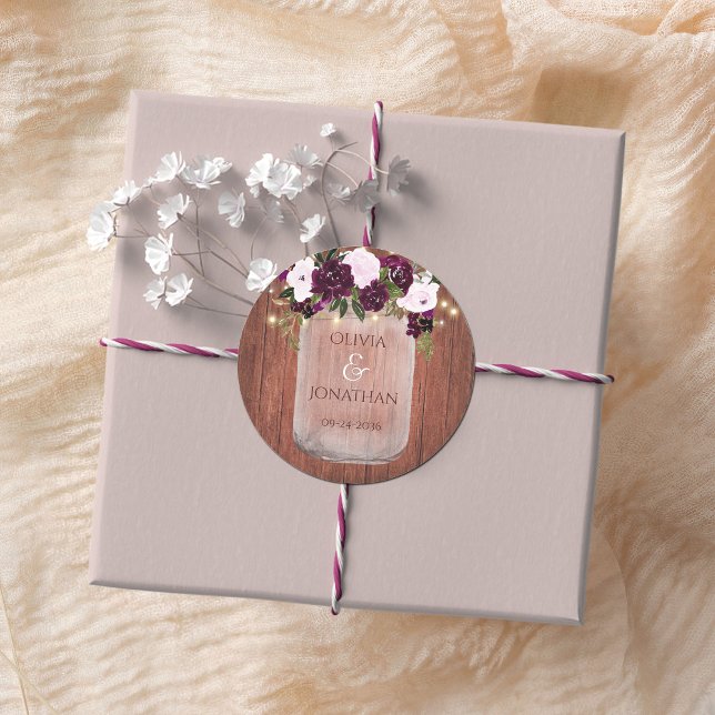 Rustic Plum Floral Mason Jar Lights Wedding Classic Round Sticker (Creator Uploaded)