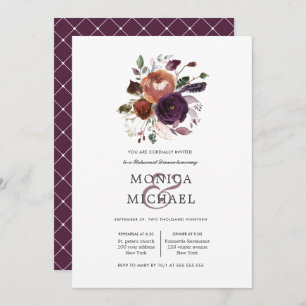 Rustic Plum Flowers + feathers Rehearsal Dinner Invitation