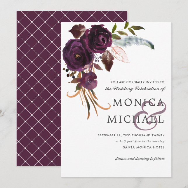 Rustic Plum | Purple Floral corner Chic Wedding Invitation (Front/Back)