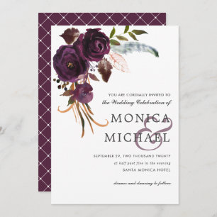 Rustic Plum   Purple Floral corner Chic Wedding Invitation