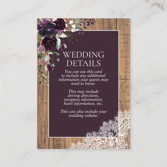 Rustic Plum Purple Floral Lace Wood Details Enclosure Card (Front)