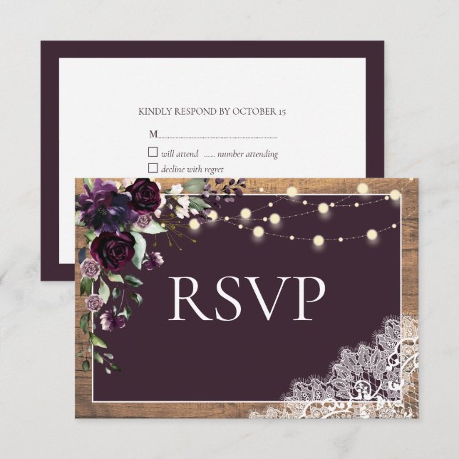 Rustic Plum Purple Floral Lace Wood Wedding RSVP (Front/Back)