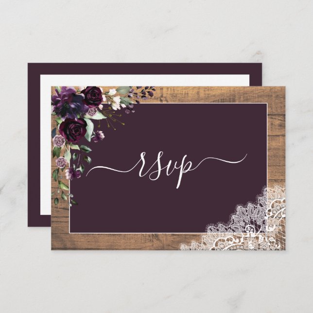 Rustic Plum Purple Floral Script Lace Wood RSVP (Front/Back)