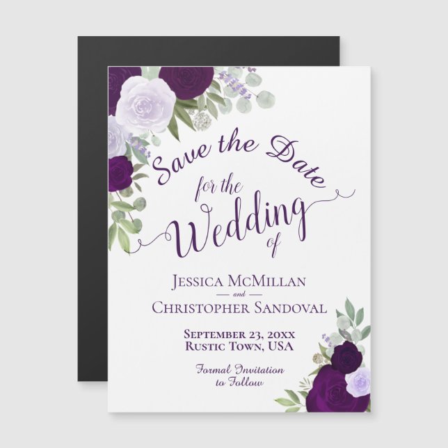 Rustic Plum Purple Floral Wedding Save the Date Magnetic Invitation (Front/Back)