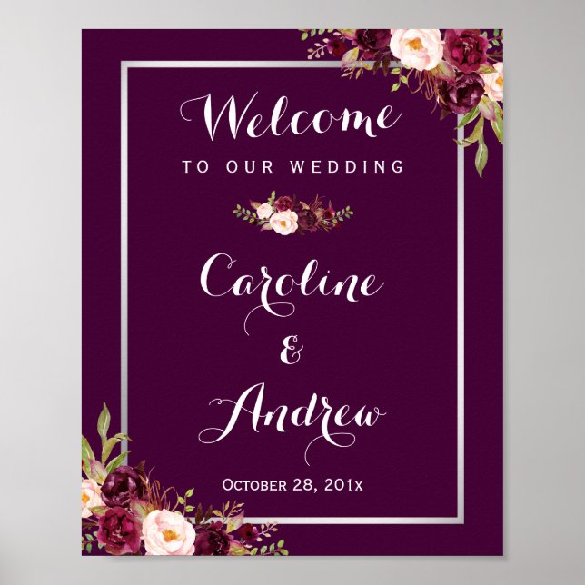Rustic Plum Purple Floral Welcome Wedding Sign (Front)