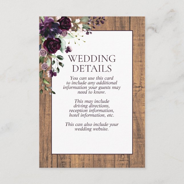 Rustic Plum Purple Floral Wood Details Enclosure Card (Front)