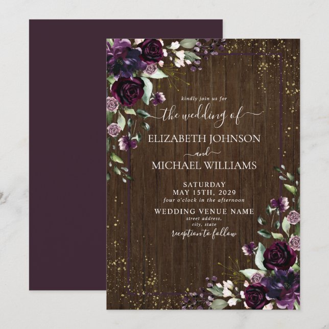 Rustic Plum Purple Gold Watercolor Marble Fall Invitation (Front/Back)