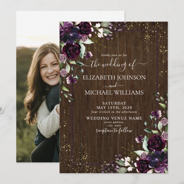 Rustic Plum Purple Gold Watercolor Marble Photo Invitation (Front/Back)