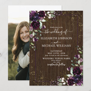Rustic Plum Purple Gold Watercolor Marble Photo Invitation