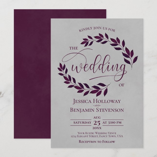 Rustic Plum Purple Leaves Elegant Grey Wedding Invitation (Front/Back)