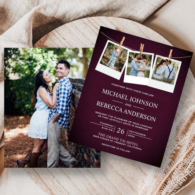 Rustic Plum Wood Photo Budget Wedding Invitation (Creator Uploaded)