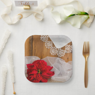 Rustic Poinsettia and Lace Winter Country Wedding Paper Plate