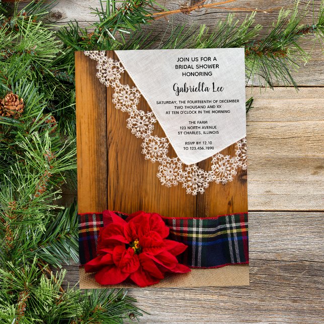 Rustic Poinsettia and Plaid Winter Bridal Shower Invitation (Set a rustic wintery tone for your December barn party bridal shower with this charming invitation.)