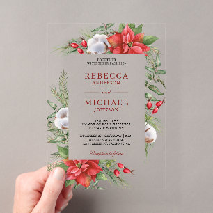Rustic Poinsettia Christmas Wedding Acrylic Invitations