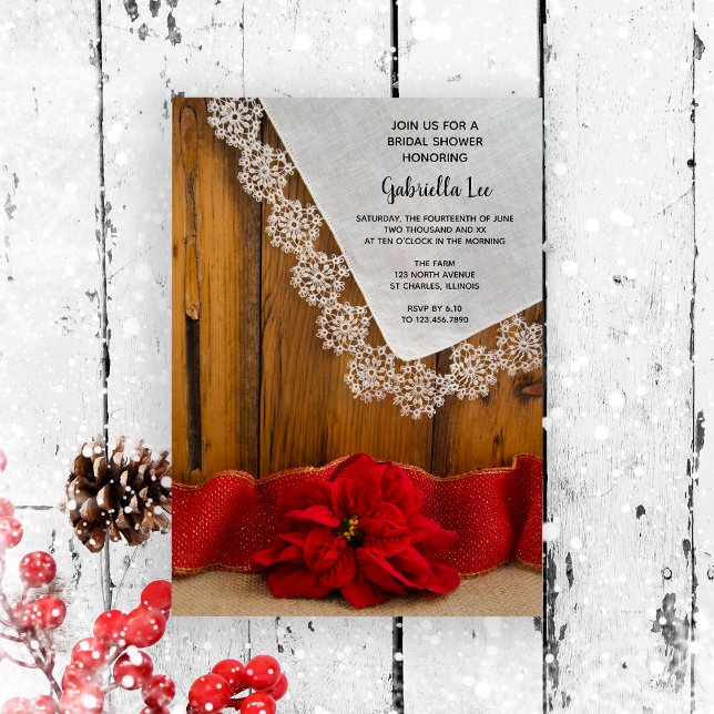 Rustic Poinsettia Country Winter Bridal Shower Invitation (Set a warm festive tone for your bridal shower with this wintery rustic invitation.)