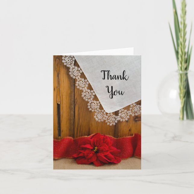Rustic Poinsettia Country Winter Wedding Thank You Card (Front)