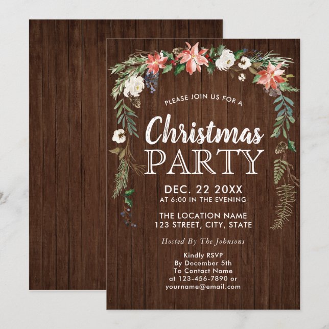 Rustic Poinsettia Floral Drop Wood Christmas Party Invitation (Front/Back)