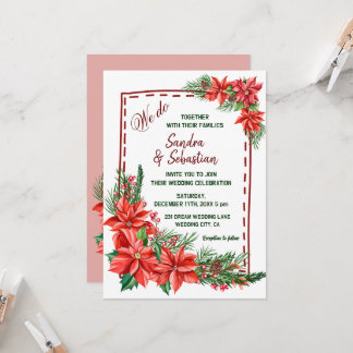 Rustic Poinsettia Floral red Christmas Wedding Invitation