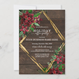 Rustic Poinsettia Floral Wood Corporate Holiday Invitation