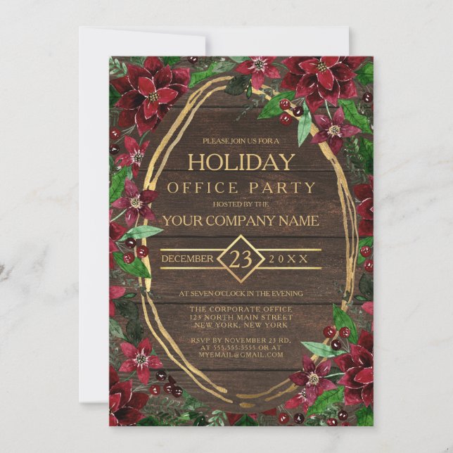 Rustic Poinsettia Floral Wood Corporate Holiday Invitation (Front)
