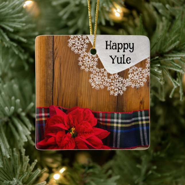 Rustic Poinsettia Flower and Red Ribbon Happy Yule Ceramic Ornament (Tree)