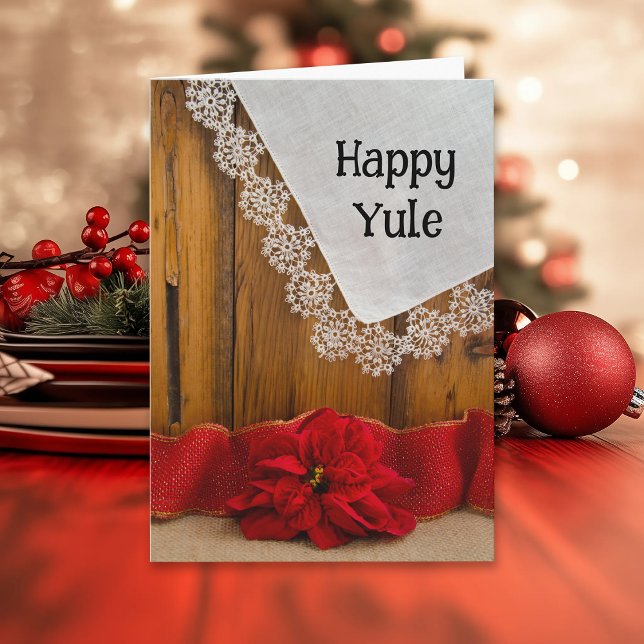 Rustic Poinsettia Flower and Red Ribbon Happy Yule Holiday Card (Creator Uploaded)