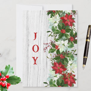 Rustic Poinsettia Garland on Distressed White Wood Holiday Card