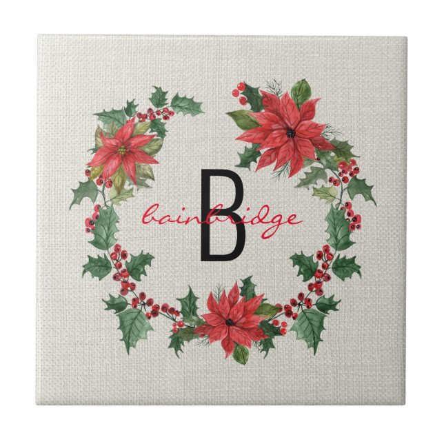 Rustic Poinsettia & Holly Wreath Monogrammed Tile (Front)