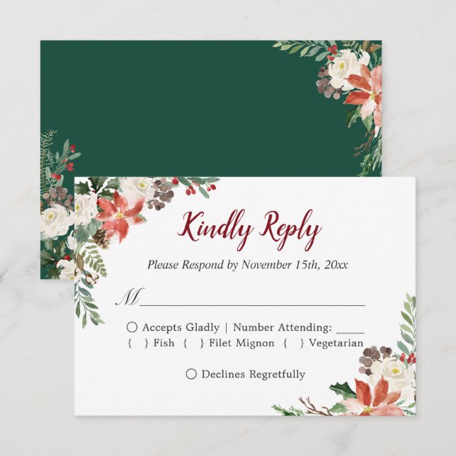 Rustic Poinsettia Ivory Floral Holiday Season RSVP Card (Front/Back)
