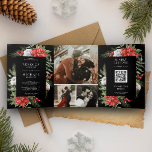 Rustic Poinsettia QR Code Christmas Black Wedding Tri-Fold Invitation