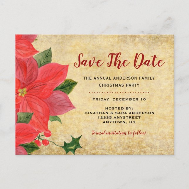 Rustic Poinsettia | Save The Date Christmas Party Announcement Postcard (Front)