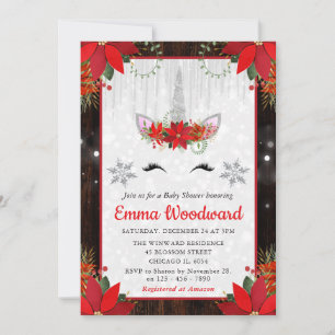 Rustic Poinsettia & Unicorn Face Baby Shower Invitation