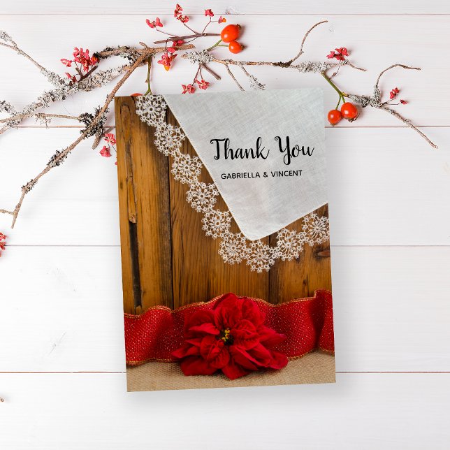 Rustic Poinsettia Winter Barn Wedding Thank You Card (Show your gratitude after your December celebration event with this festive thank you note.)