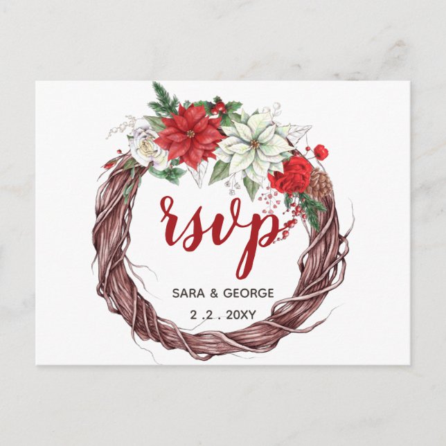 Rustic Poinsettia Winter Foliage Pine cone rsvp Invitation Postcard (Front)
