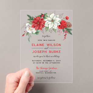 Rustic Poinsettia Winter Foliage Pine cone Wedding Acrylic Invitations