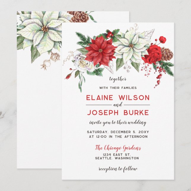 Rustic Poinsettia Winter Foliage Pine cone Wedding Invitation (Front/Back)