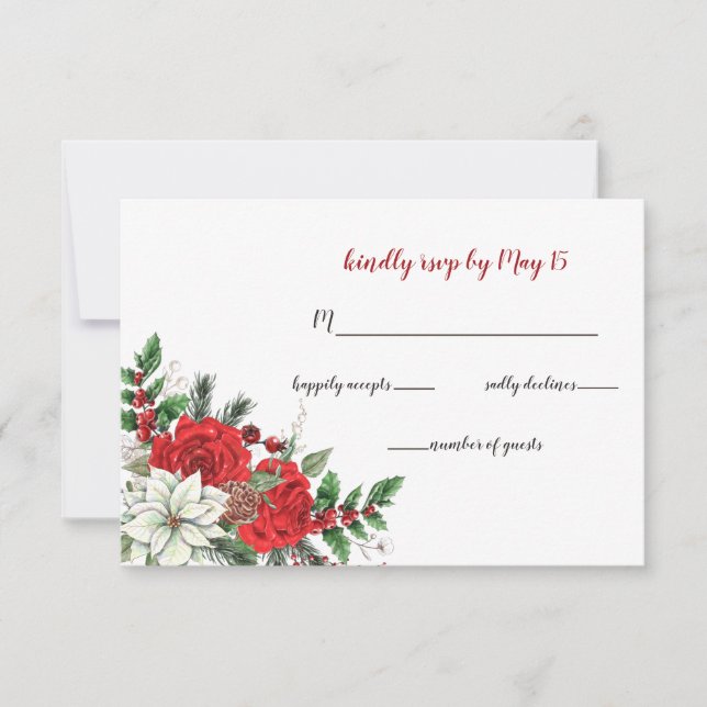 Rustic Poinsettia Winter Foliage Pine cone Wedding RSVP Card (Front)