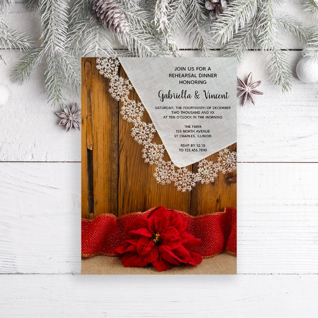 Rustic Poinsettia Winter Wedding Rehearsal Dinner Invitation (Set a rustic wintery tone for your pre wedding barn party dinner party.)