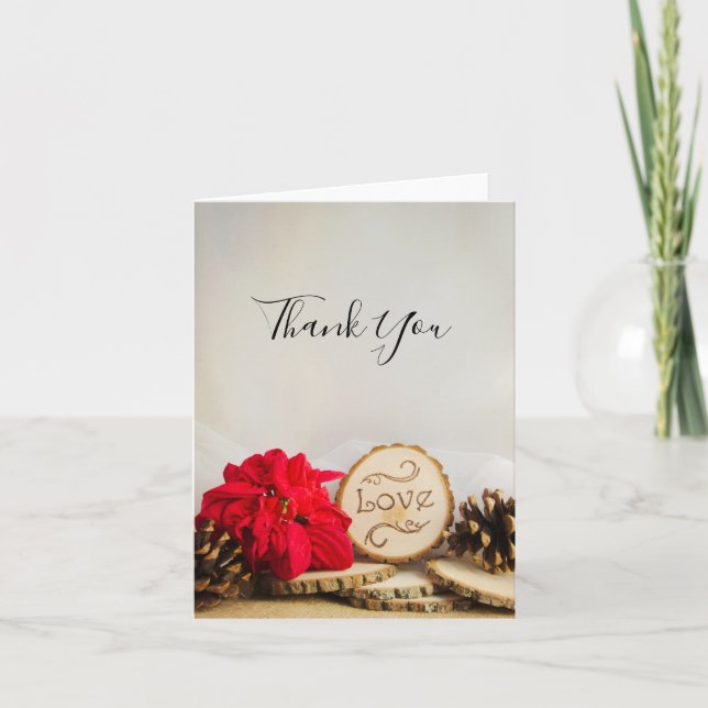 Rustic Poinsettia Woodland Wedding Thank You Card (Front)