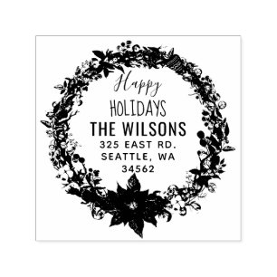 Rustic Poinsettia Wreath Holidays Return Address Self-inking Stamp