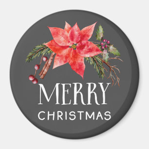 Rustic Poinsettia Wreath Merry Christmas Magnet