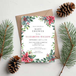 Rustic Poinsettias Holly Christmas Baby Shower  Invitation