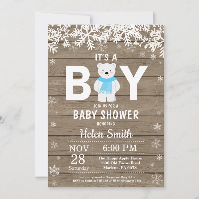 Rustic Polar Bear Winter Boy Baby Shower Invitation (Front)