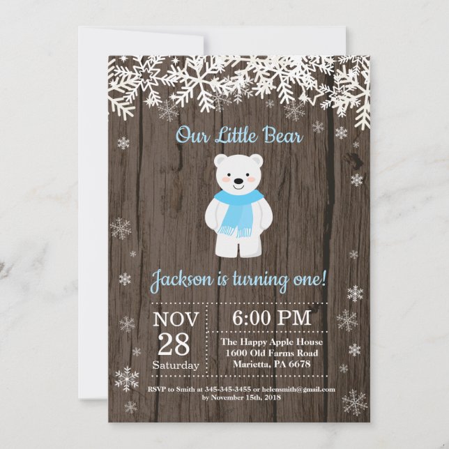 Rustic Polar Bear Winter Boy Birthday Invitation (Front)