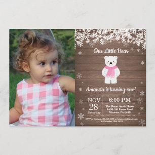 Rustic Polar Bear Winter Girl Birthday Photo Invitation